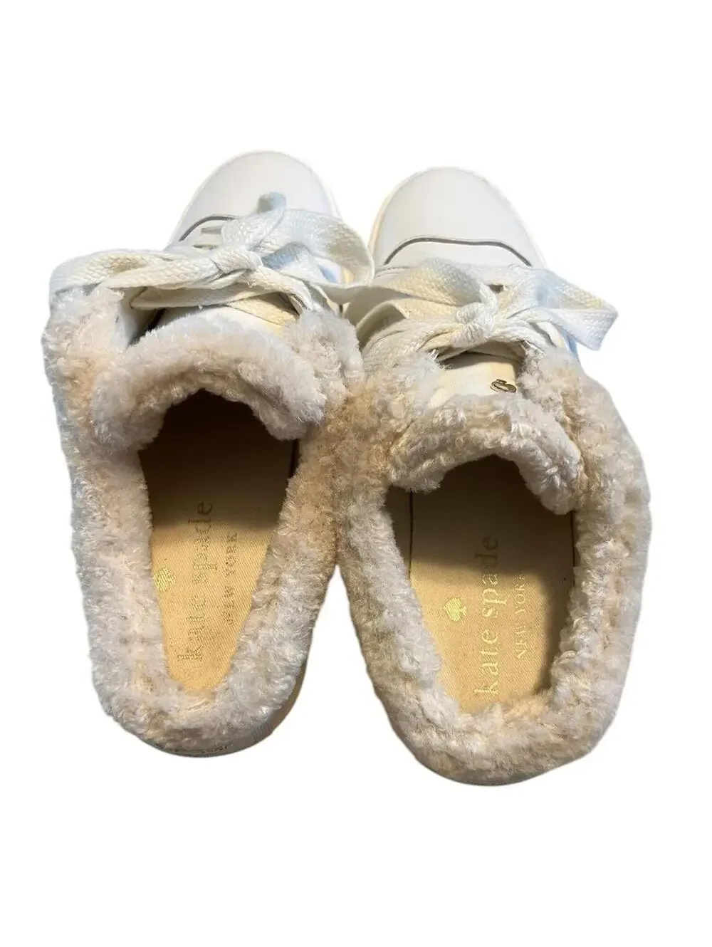 Kate Spade White Fez Mule Winter Sneakers Faux Fur Lined Coquette Preppy 6.5B